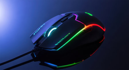 A sleek, modern computer mouse with dynamic, multi-colored RGB lighting accents.の素材