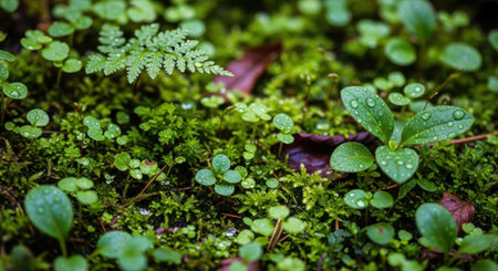 A close-up view of a verdant forest floor carpeted with moss and small plants.の素材