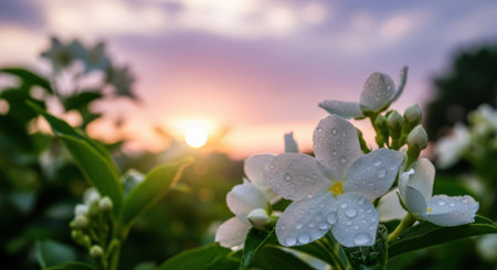 Close-up of white flowers with water droplets, bathed in the soft glow of dawn.の素材