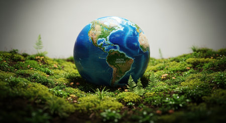 A detailed representation of Earth nestled within a vibrant, mossy landscape.の素材