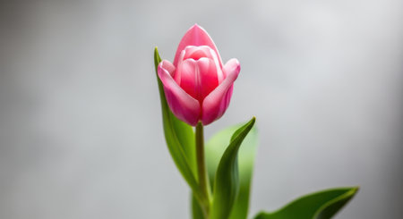 A single vibrant pink tulip bud with green leaves, showcasing its delicate beauty.の素材