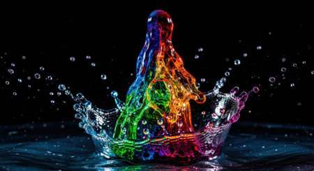 A dynamic splash of liquid illuminated with a spectrum of colors against a void.の素材