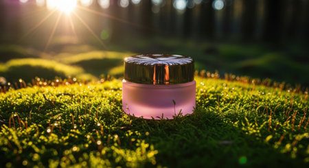A cosmetic product sits on mossy ground, bathed in warm, natural light.の素材