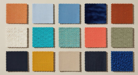 Fifteen fabric samples showcase diverse textures and vibrant colors arranged neatly.の素材