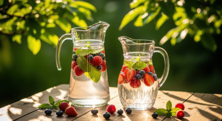 Two glass pitchers filled with water, fresh berries, and mint leaves sit on a table.の素材