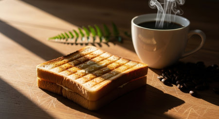 A delightful breakfast scene featuring a toasted sandwich and a hot beverage bathed in sunlight.の素材