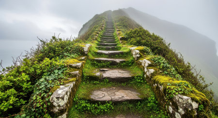 A weathered stone staircase winds its way up a verdant, rocky incline towards a misty summit.の素材