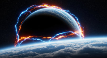 A planet is enveloped by a vibrant, crackling energy barrier against a dark cosmic backdrop.の素材