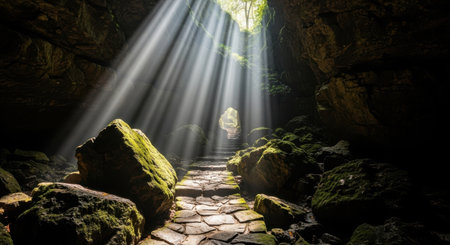 Dramatic light shafts descend into a rocky, verdant cavern, highlighting a weathered pathway.の素材