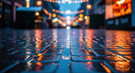 Wet pavement reflects colorful glowing lights from a bustling urban thoroughfare at night.の素材