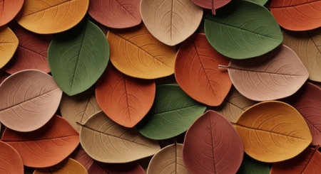 A close-up view of a collection of colorful, textured leaves in various autumnal shades.の素材