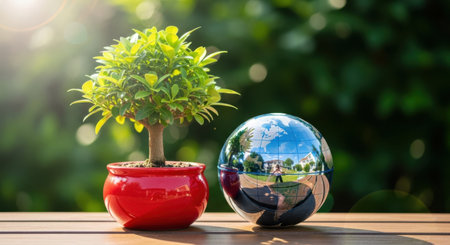 A small, lush green plant in a red pot sits beside a highly reflective, colorful Easter egg.の素材