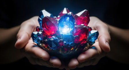 A pair of hands gently holds a glowing, multifaceted crystal formation radiating intense light.の素材