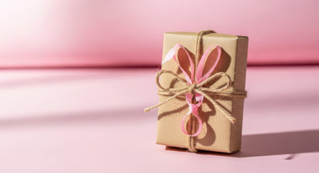 A beautifully wrapped present with a charming botanical accent sits on a soft pink surface.の素材