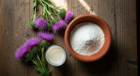 A still life arrangement features vibrant purple thistle, a clay bowl of white powder, and a small dish of cream on a wooden surface.の素材
