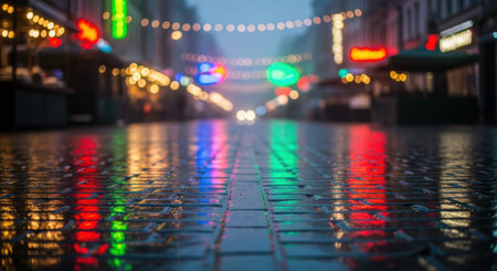A street scene at twilight with glowing lights and their reflections on a damp surface.の素材