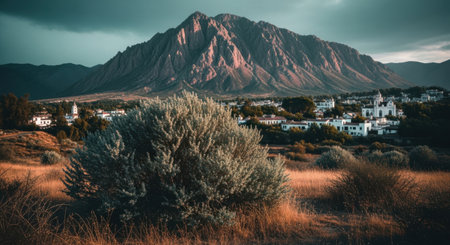 A rugged mountain looms over a charming settlement with a dense shrub in the foreground.の素材