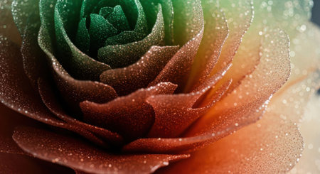 A stunning close view of a rose with petals displaying a gradient of colors and glistening dew.の素材