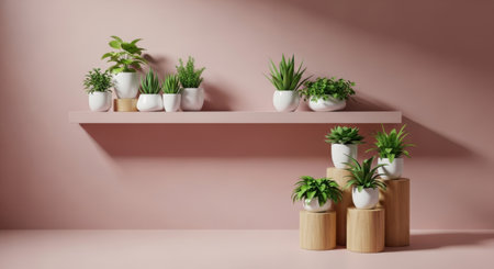 A collection of small potted plants arranged artfully on a shelf and pedestals.の素材
