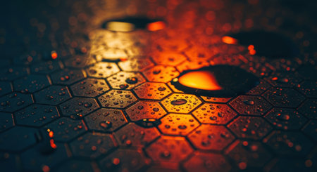 Macro view of a textured surface with hexagonal cells illuminated by warm, vibrant light.の素材