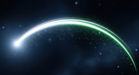 A luminous celestial event streaks across the dark cosmic void, leaving a glowing trail.の素材