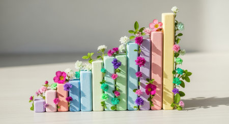 A visually appealing arrangement of stacked books in a gradient of pastel colors, decorated with small blossoms.の素材