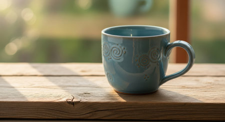 A tranquil scene featuring a blue mug bathed in soft sunlight, placed on a weathered wooden plank.の素材