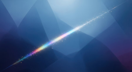 A vibrant abstract composition featuring a deep blue gradient with scattered light flares and a colorful spectral line.の素材