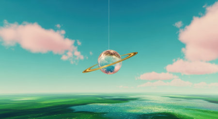 A lone surfer soars through the air, catching a wave in a dreamlike, colorful seascape.の素材