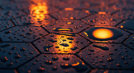 Water droplets glisten on dark hexagonal tiles, reflecting warm orange illumination.の素材
