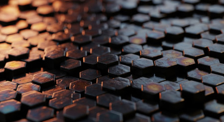 Close-up view of a repeating hexagonal geometric design illuminated by contrasting light sources.の素材