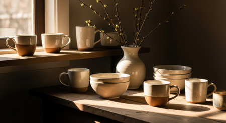 A still life arrangement featuring earthenware vessels bathed in soft, natural light.の素材