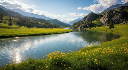 A tranquil river flows through a vibrant green valley, surrounded by majestic mountains and a clear blue sky.の素材