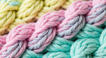 A detailed texture shot showcasing the intricate weave of thick, soft yarn in a vibrant pastel color palette.の素材