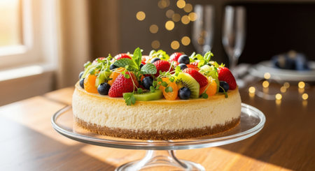 A beautifully decorated cheesecake brimming with colorful fresh fruit and berries on a clear cake stand.の素材