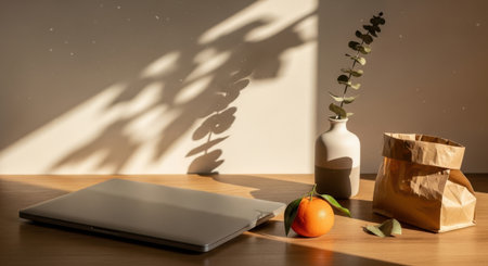 A still life composition featuring a closed laptop, a vase with dried foliage, and a paper bag.の素材