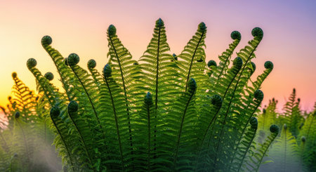 Delicate fern unfurls its fronds bathed in the warm glow of a twilight sky.の素材