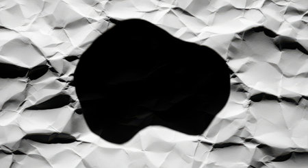 A stark black shape creates a void on a highly textured, crumpled paper surface.の素材