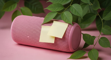 A close-up of a pink textured roller with yellow sticky notes, surrounded by vibrant green leaves.の素材