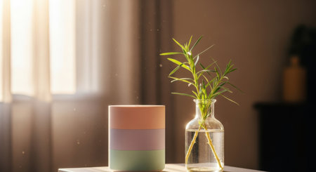 A tranquil scene featuring a plant in a vase and a decorative cylinder bathed in gentle light.の素材