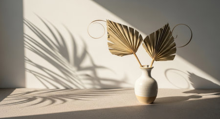 A minimalist composition featuring dried palm fronds in a vase illuminated by soft, directional sunlight.の素材
