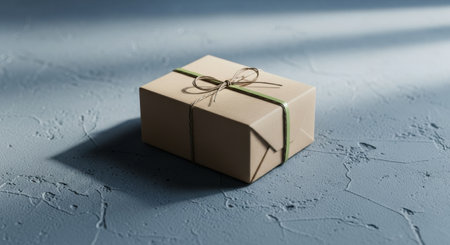 A solitary, neatly wrapped gift box sits on a grey, textured surface with dramatic shadows.の素材