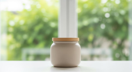 A simple glass jar with a natural wood lid is presented against a soft, verdant backdrop.の素材