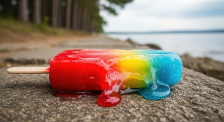 A vibrant, multi-colored frozen treat is slowly melting, its sweet juices dripping onto a rough, stony ground.の素材