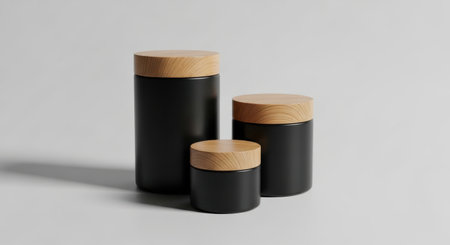 A set of three modern black canisters with contrasting light wood tops.の素材