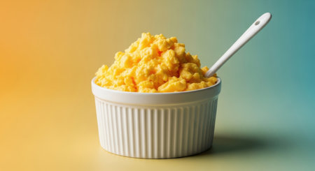 A close-up view of a portion of perfectly cooked, bright yellow scrambled eggs.の素材
