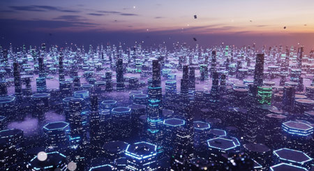 A sprawling cityscape with glowing hexagonal structures and towering skyscrapers reflects a vibrant, electric atmosphere.の素材