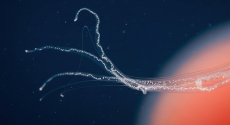 A mesmerizing view of a marine organism with luminous, branching appendages drifting in the abyss.の素材