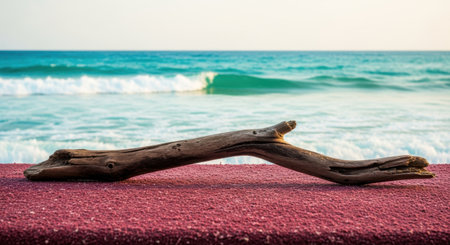 A solitary piece of driftwood lies on a textured surface before a tranquil ocean.の素材