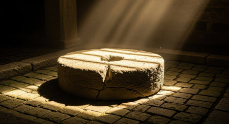 A rustic wooden structure sits atop a stone well, bathed in dramatic light beams.の素材